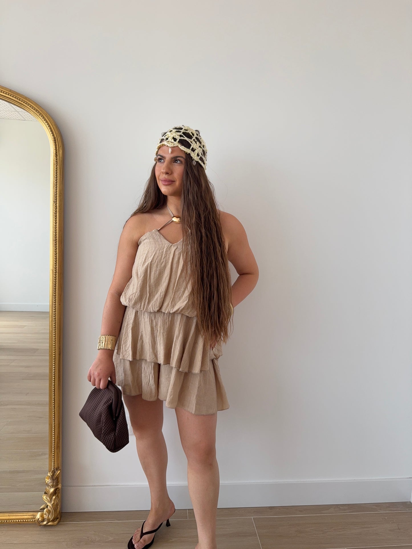 Vestido Midi Volantes Beige