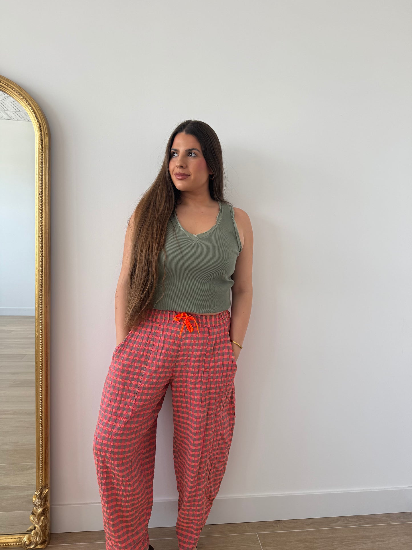 Pantalón Vichy Naranja y Kaki