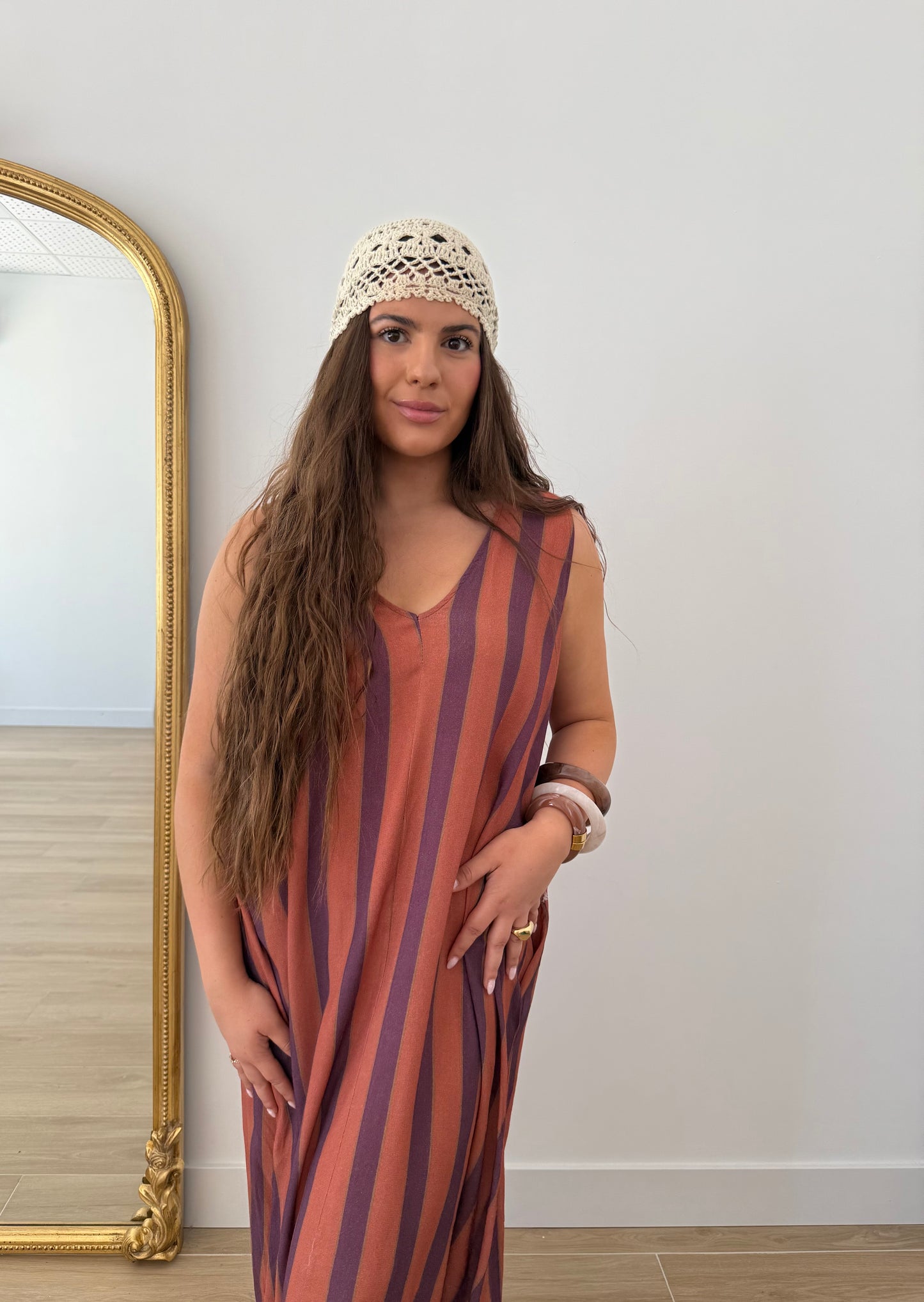 Vestido rayas naranja y lila