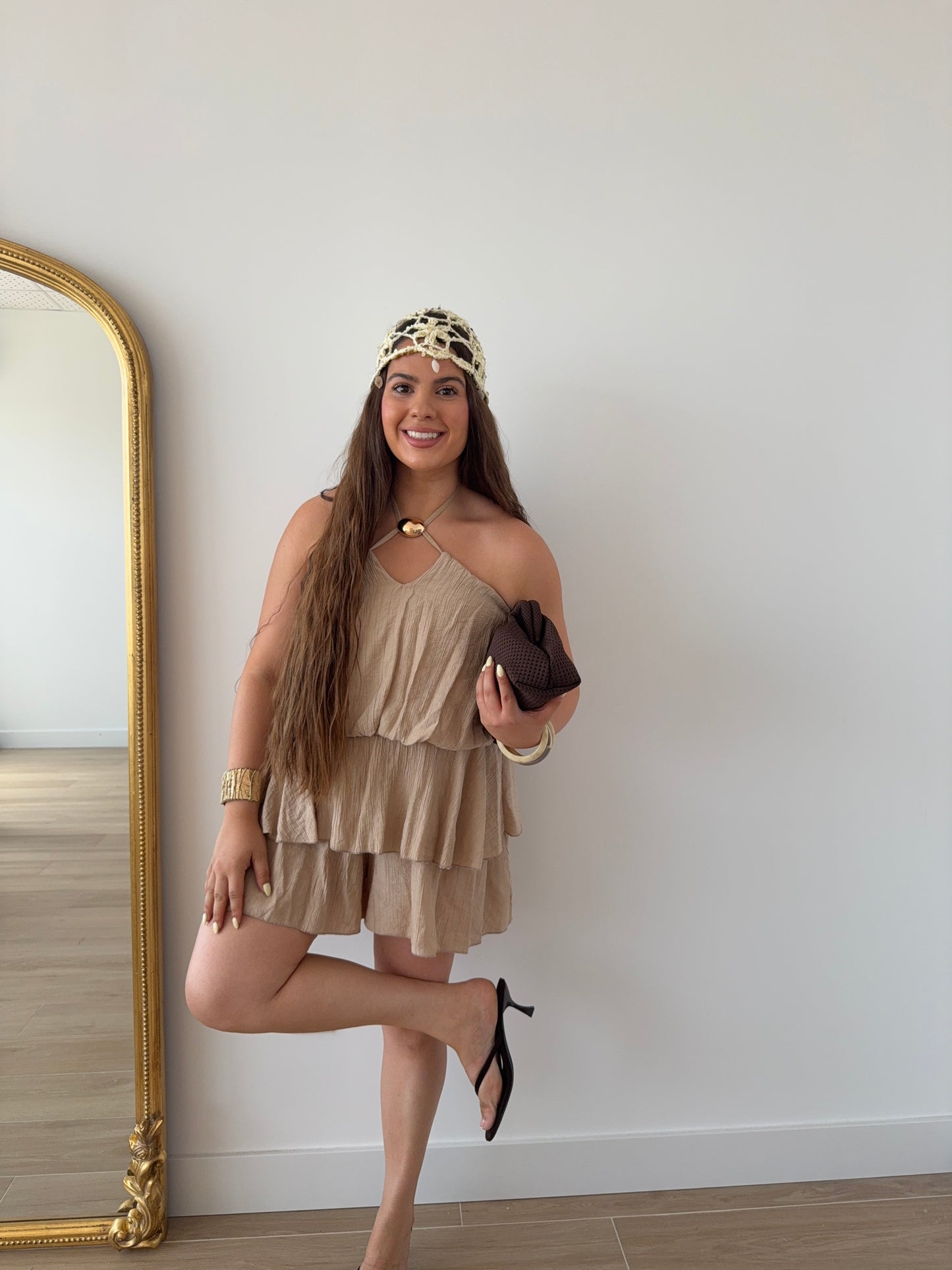 Vestido Midi Volantes Beige