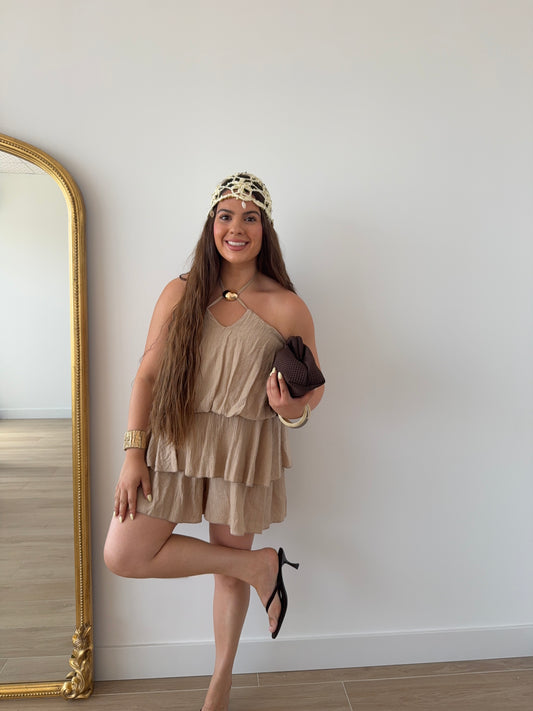 Vestido Midi Volantes Beige