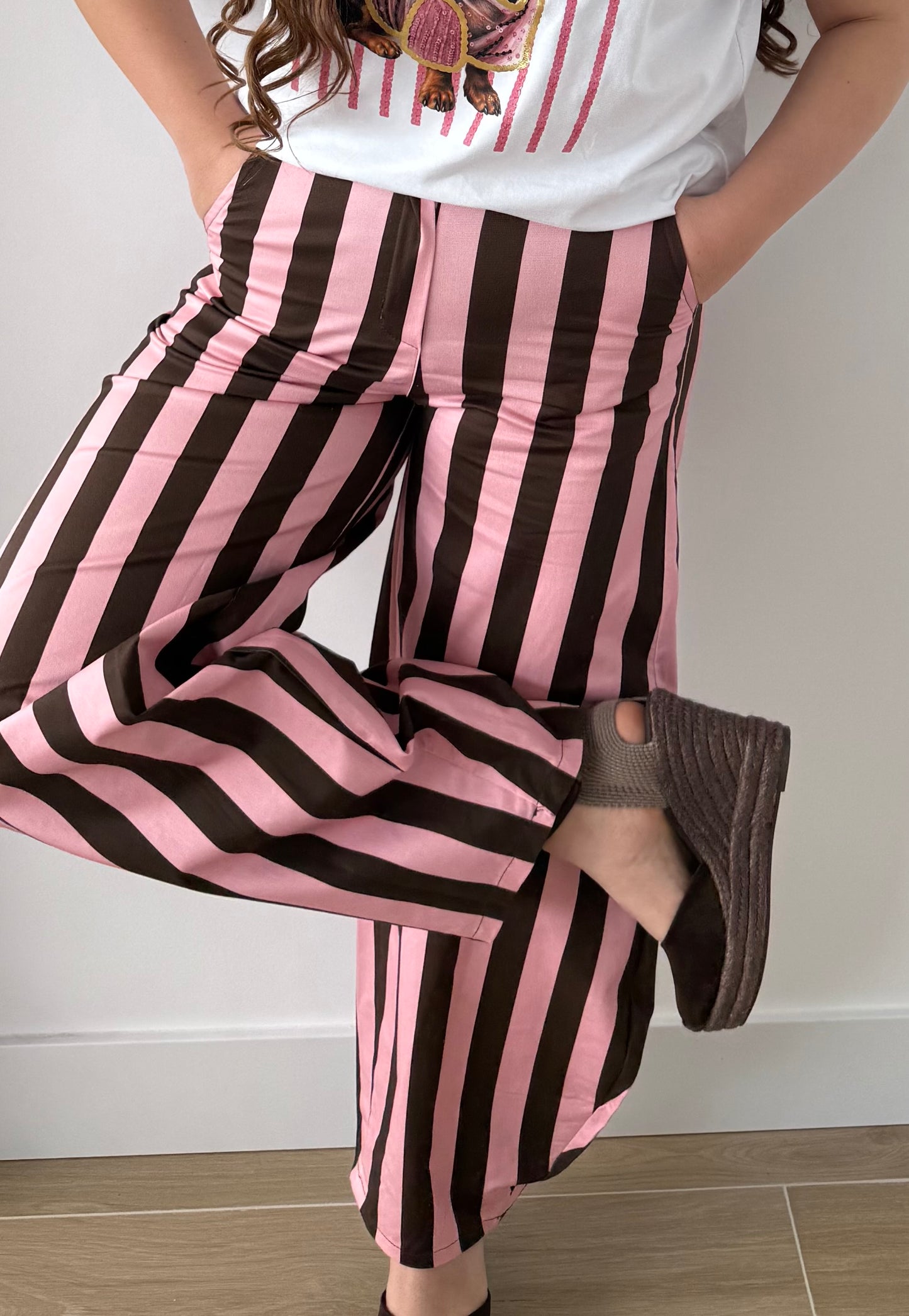 Pantalón rayas rosa y choco