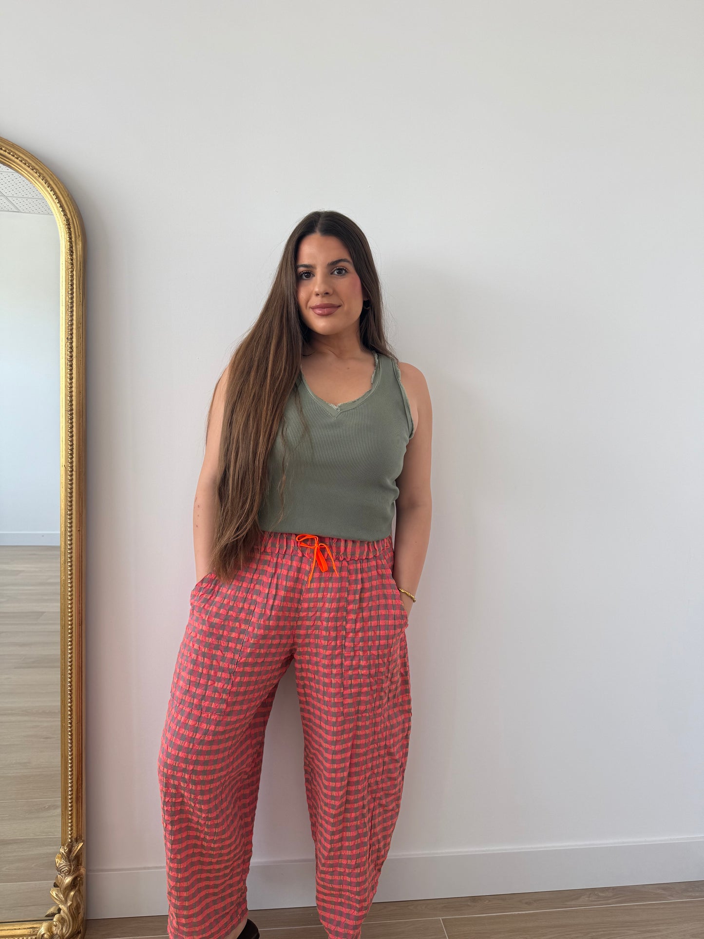 Pantalón Vichy Naranja y Kaki