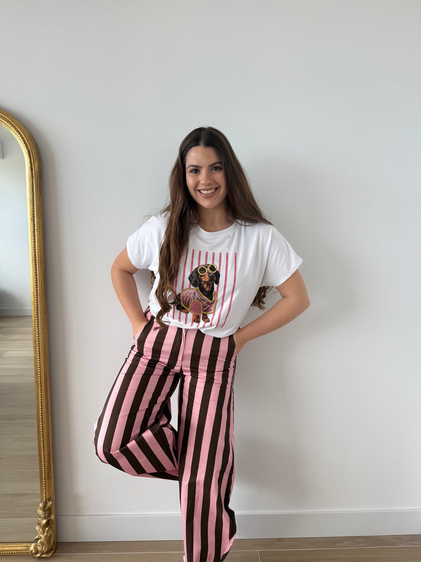 Pantalón rayas rosa y choco